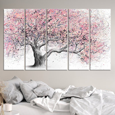 5 Panel Cherry Blossom Tree Canvas: Abstract Floral Wall Art,5P Wrapped Canvas
