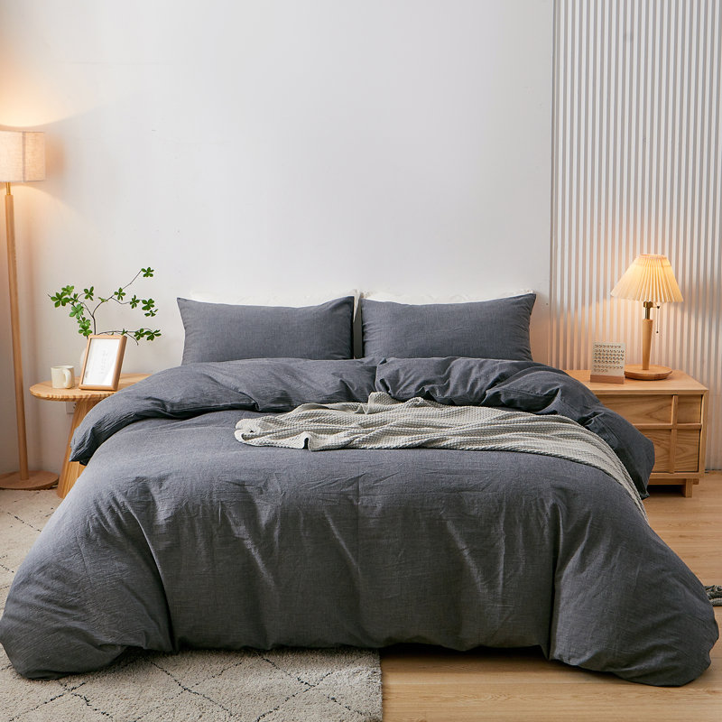 Ensemble de housse de couette 100% coton lavé Doneus, Housse de couette pour grand lit + 2 taies d'oreil, Gris foncé