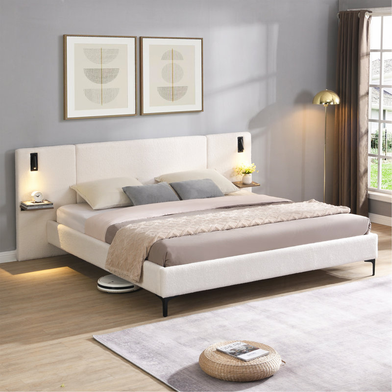 Chic Boucle Upholstered Bed With Integrated Lights And Shelves, White, King, White, King