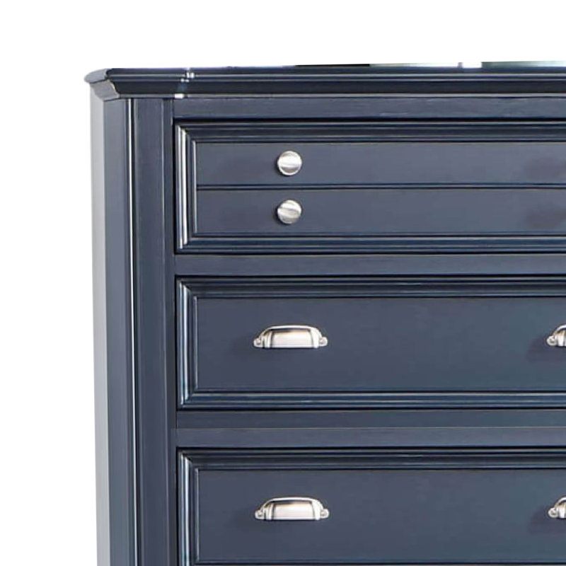 Commode haute Zeny, 5 tiroirs, poignées nickel, bois bleu ardoise