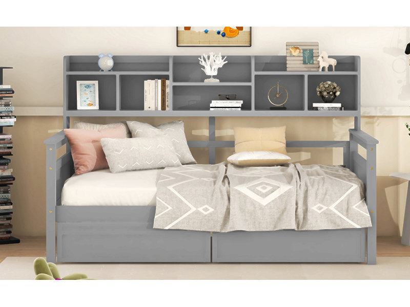 Lit de jour simple avec tablettes de chevet et deux tiroirs, Gris