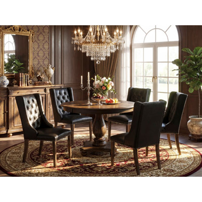 7 Piece Dining Room Table Set Consist of a Round Dining Table with Pedestal and 6 Black Faux Leather Upholstered Chairs, Distressed Jacobean
