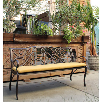 Cast Aluminum Outdoor Garden Bench with Cushion, Scrollwork Pattern Patio Loveseat Bench with Armrests, Weather Resistant Outside Bench for Yard, Porch, Backyard