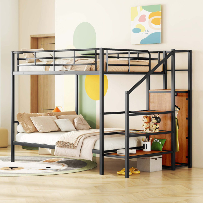 Lit superposé en métal avec échelle de rangement latérale et garde-robe, Noir