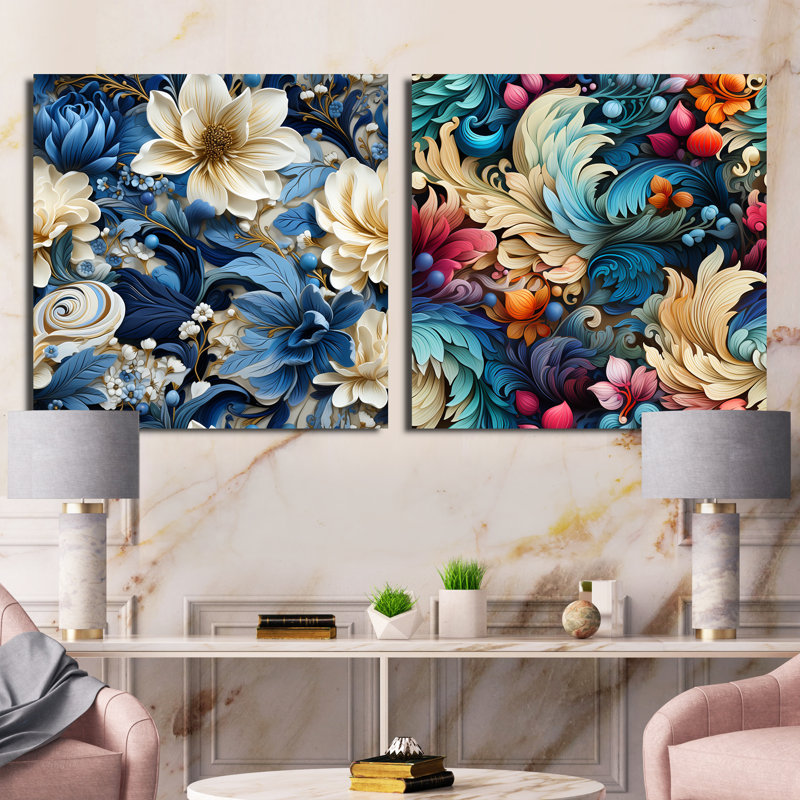 Sheffield - Ensemble de 2 collages floraux et botaniques carrés, H 30 po x l 61 po, Toile tendue