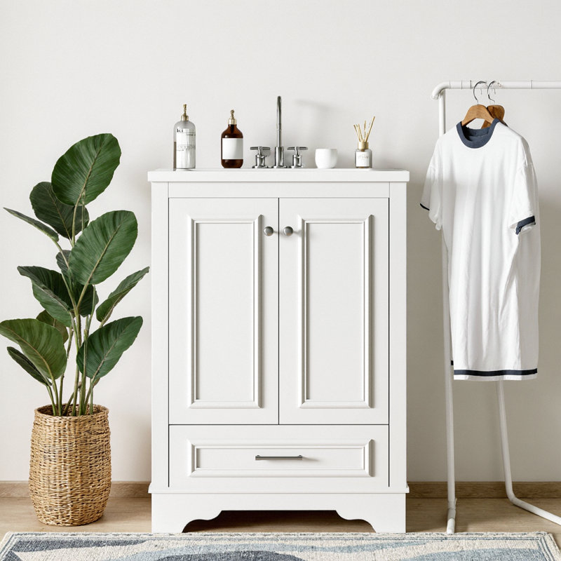 Meuble-lavabo moderne de 24 po avec lavabo en céramique, armoire compacte à 2 portes avec 1 tiroir et poignées argentées, structure en bois d'hévéa, capacité de 300 lb, ensemble central de 4 po, taille de la salle d'eau