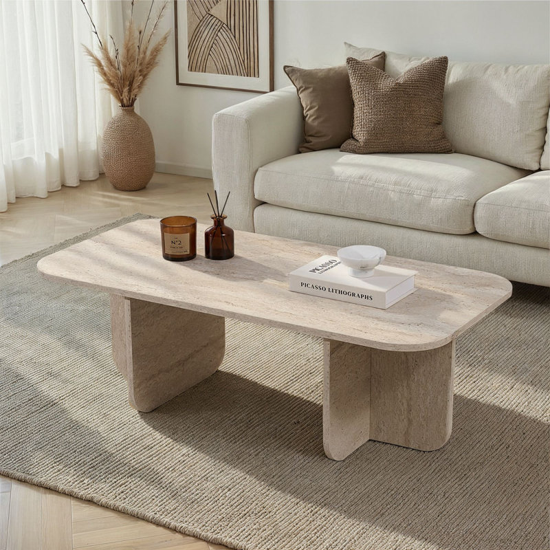 Table basse moderne avec finition en travertin, 120 x 40 x 60 cm, panneau de particules enduit de mélamine à 100%, épaisseur: 0 cm, supporte jusqu'à 25 kg, conception en marbre pour le salon et la décoration intérieure