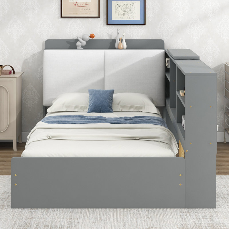 Lit plateforme élégant avec rangement tête de lit simple, tablettes, 2 tiroirs, chambre à coucher en bois Grace