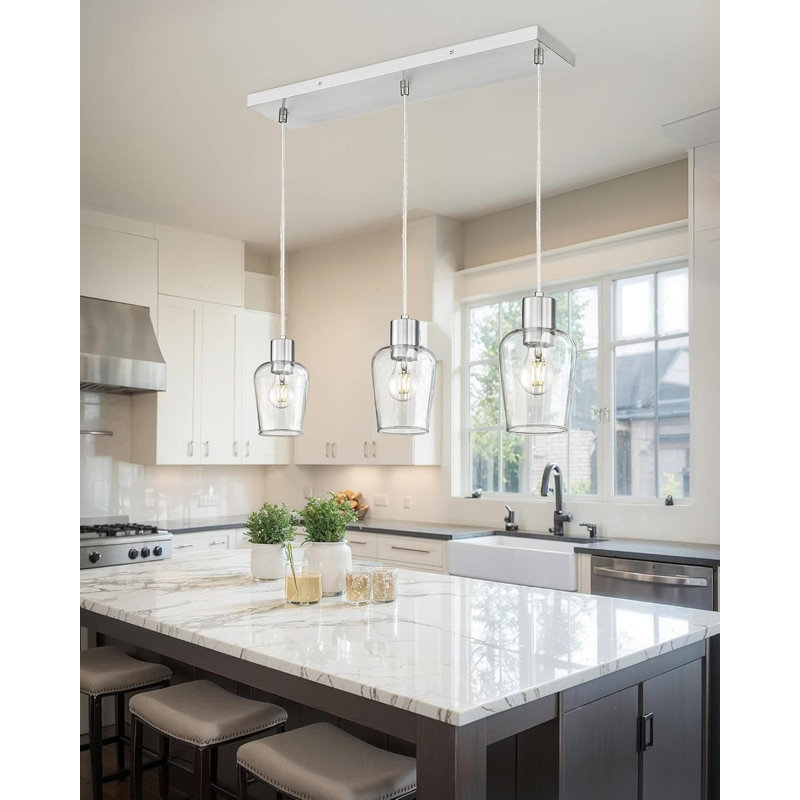 Lustre linéaire à 3 lumières avec abat-jour en verre transparent, luminaire suspendu en nickel brossé à hauteur réglable pour îlot de cuisine, salle à manger et décor de maison de campagne
