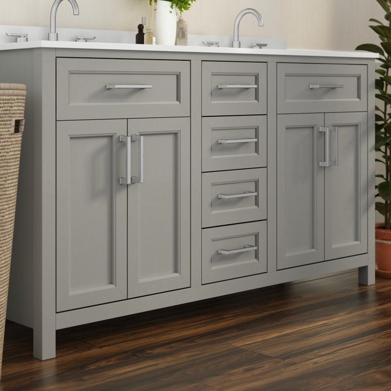 Bathroom Vanity With 2 Sinks, 2 Storage Cabinets, And 6 Drawers, Grey, Nickel