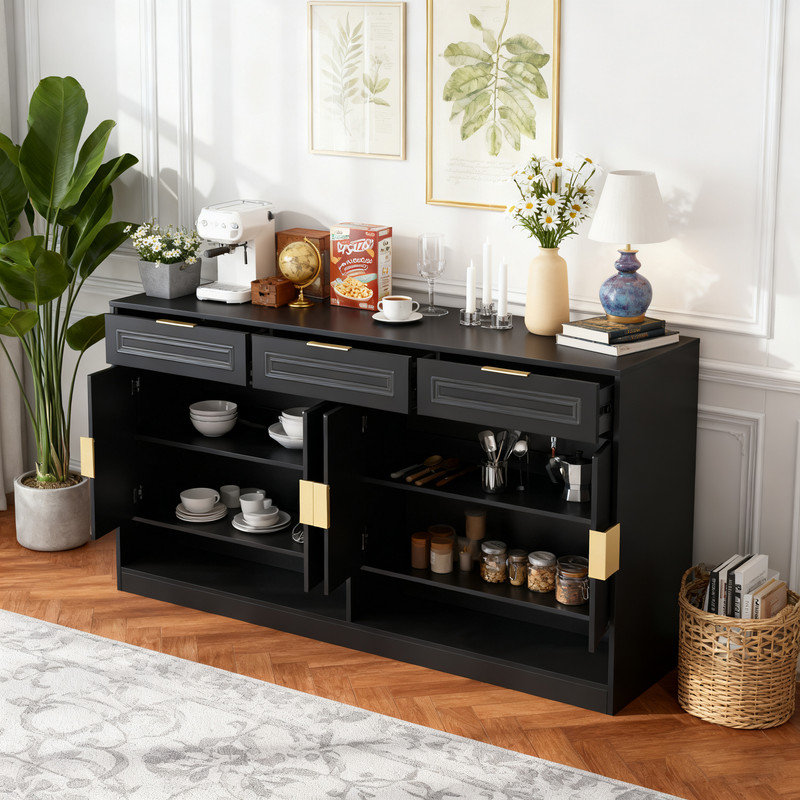 Farmhouse Sideboard With 3 Drawers & 4 Doors, 59.1" Rustic Buffet Cabinet With Adjustable Shelf For Dining Room & Living Room