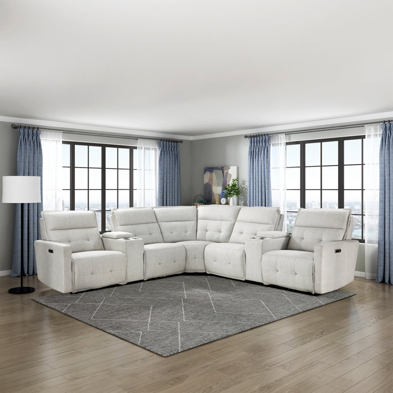 Niehaus 113.5" Modern & Contemporary Textured Fabric 7-Piece Modular Power Reclining Sectional with Power Adjustable Headrest, Storage Console with Wireless Charging & 3 Recliners
