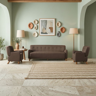 3-Piece Living Room Furniture Set with Sofa and Accent Chairs, Button Tufted Linen Upholstered Sofa Set