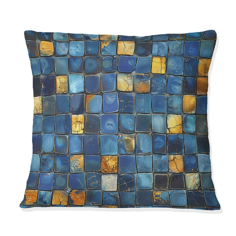 Carreaux de mosaïque moderne bleu et jaune II - Coussin moderne, H 16 po x l 16 po