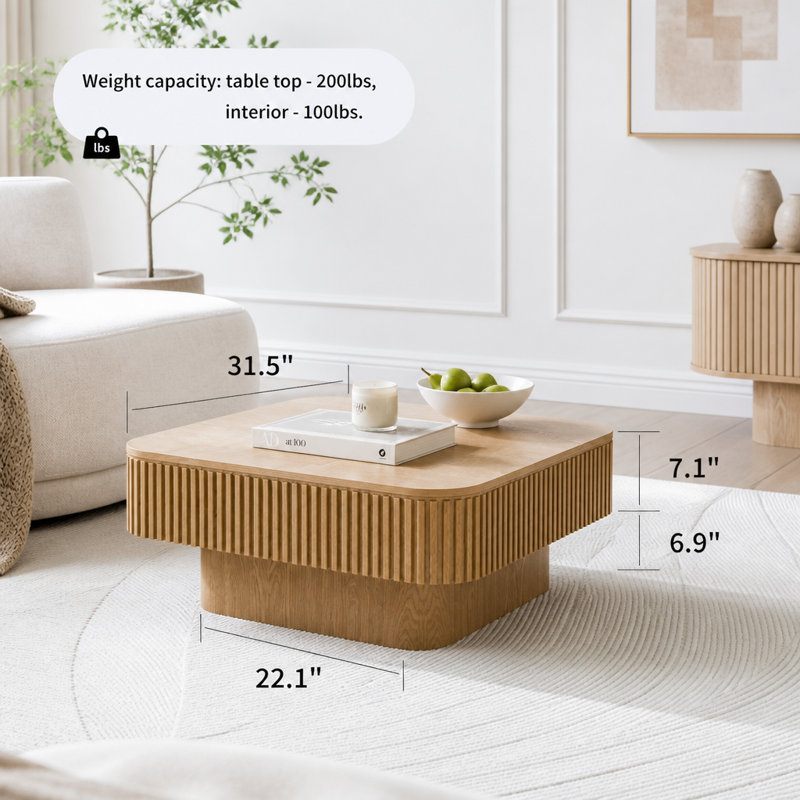 31.5'' Square Coffee Table with Storage, Natural Wood