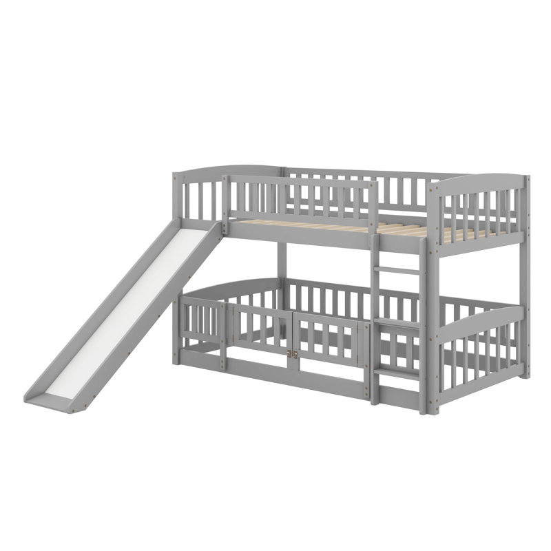 Lit superposé simple au-dessus de simple avec clôture, échelle et glissoire pour enfants adolescents, Gris