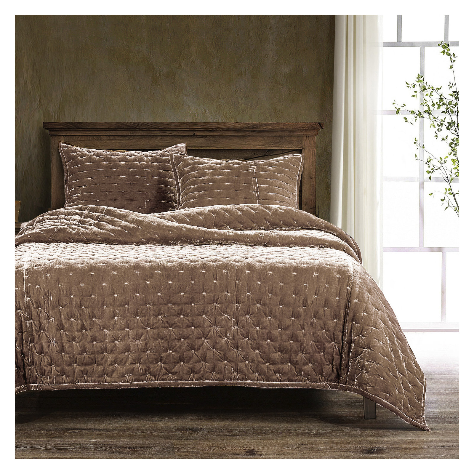 Stella Faux Silk Velvet Classic Chic Modern Rustic Romantic Western 1 Piece Quilt, Dusty Rose, Queen Quilt