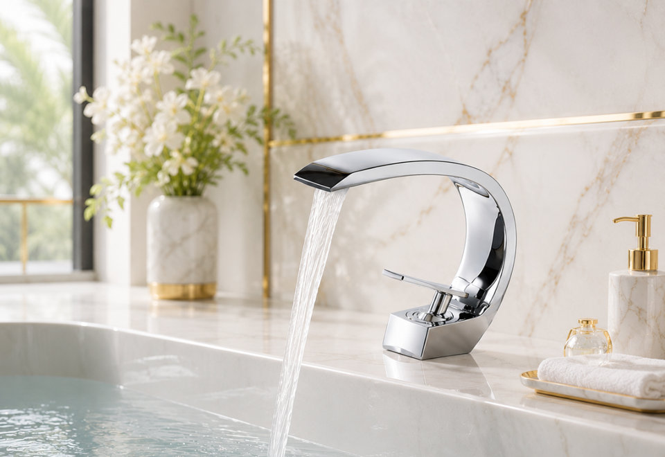 Modern chrome bathroom faucet with a curved waterfall spout mounted on a marble vanity next to a white flower arrangement and soap dispenser.