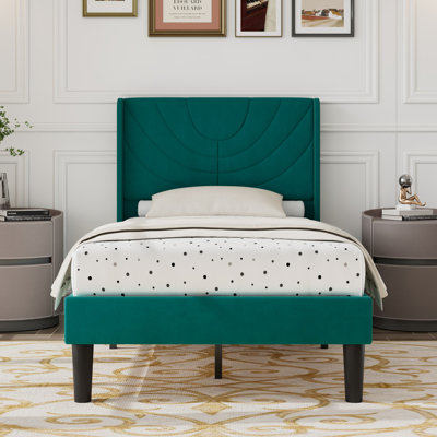 Twin Size Velvet Bed Frame with Wingback Headboard, Upholstered Platform Bed with Wing Side Channel Tufted Headboard, Solid Wooden Slats Support, No Box Spring Needed, Noise Free, Dark Green