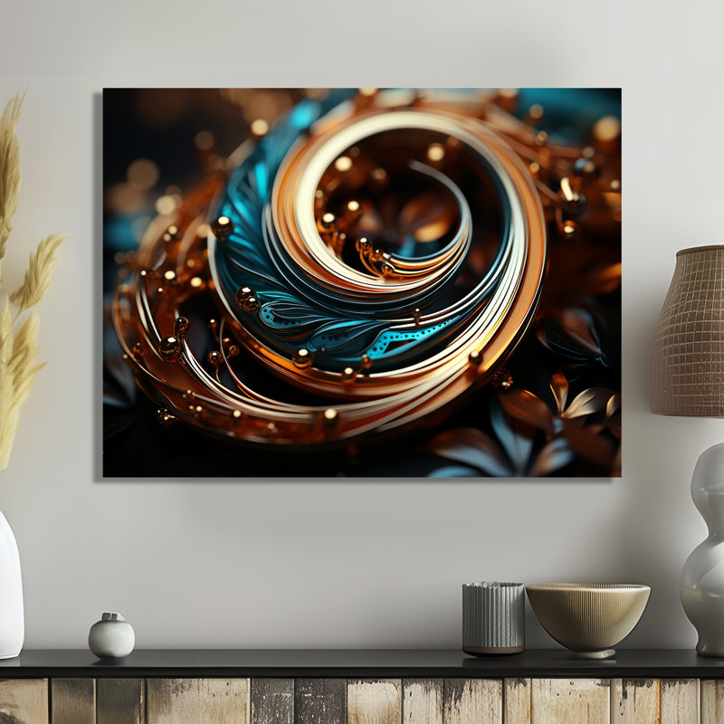 Or turquoise harmonie ornementale - spirales abstraites, impression d'art mural, Métal métal, H 34 po x l 44 po x P 1,5 po