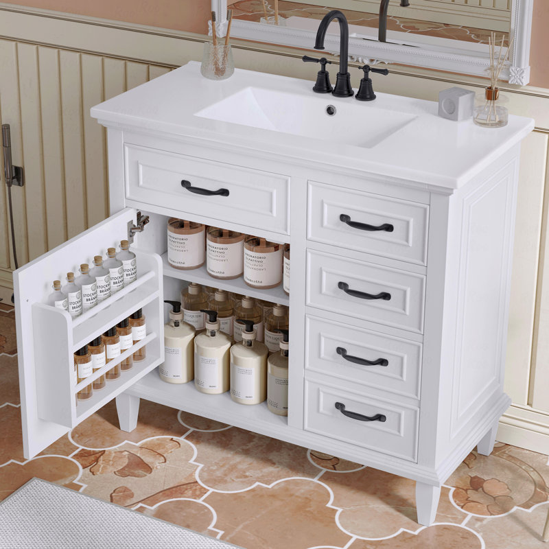 Meuble-lavabo 36 po avec comptoir en céramique, structure en bois massif, armoire en MDF et peuplier, tiroirs rabattables, tablette réglable et poignées en alliage de zinc