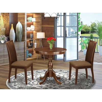 3 Piece Modern Dining Table Set Contains a Round Wooden Table with Pedestal and 2 Linen Fabric Upholstered Dining Chairs, 30x30 Inch, Mahogany