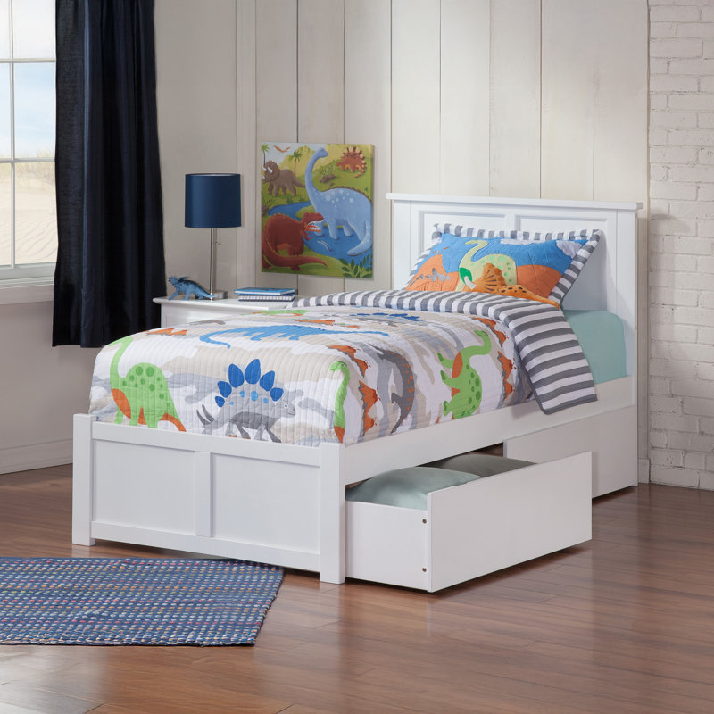 Lit plateforme en bois massif avec pied de lit et tiroirs de rangement Fogarty, Simple TG, Blanc