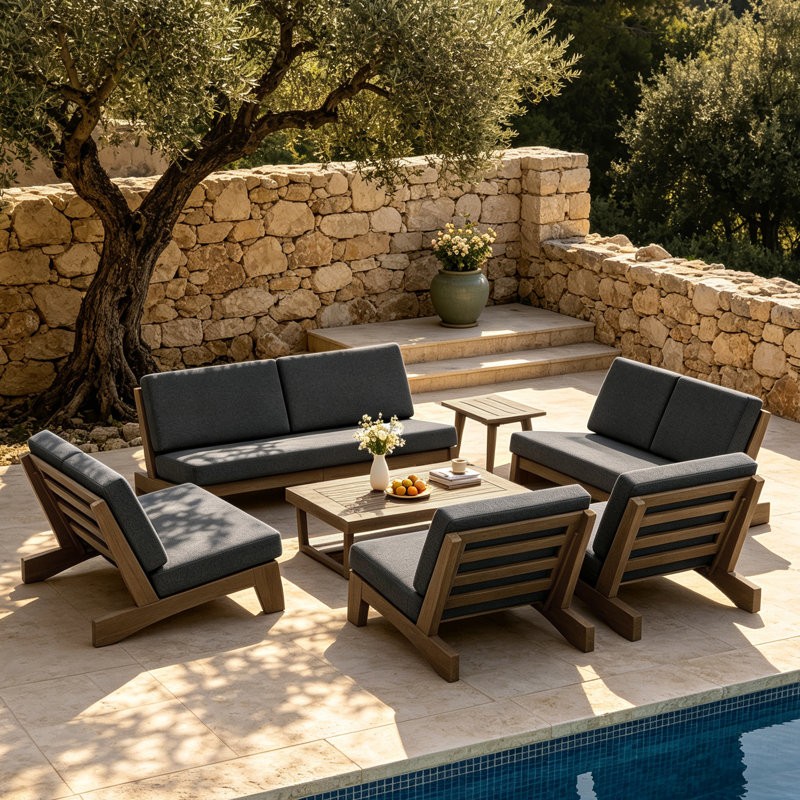 Ensemble de conversation Polett, 7 pièces: 2 tables, 2 causeuses, 2 chaises, canap, Gris foncé, Brun