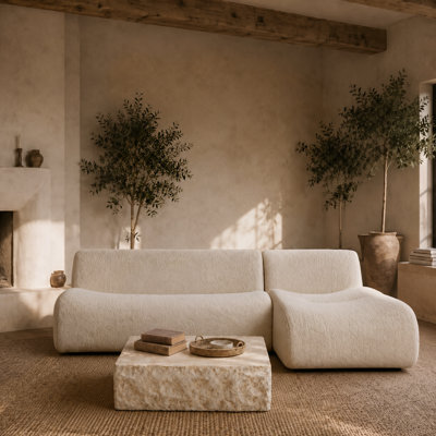 Causeuse modulaire incurvée de 92 po avec méridienne, siège à boucle profonde en sherpa, à compression, sans assemblage