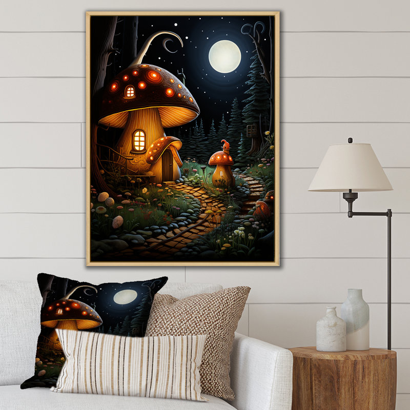 Mushroom Fantasy Landscape - Art mural paysage, Cadre flottant brun, H 20 po x l 12 po