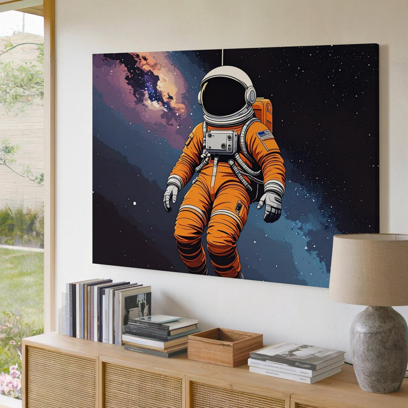 Toile astronaute en costume orange suspendu dans l'espace, H 9 po x l 12 po