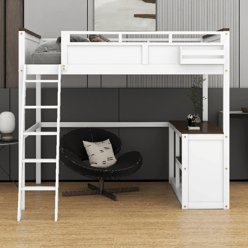 Grand lit mezzanine avec bureau intégré, boîte de rangement, tablettes ouvertes et station de recharge USB, structure de lit mezzanine en bois peu encombrante