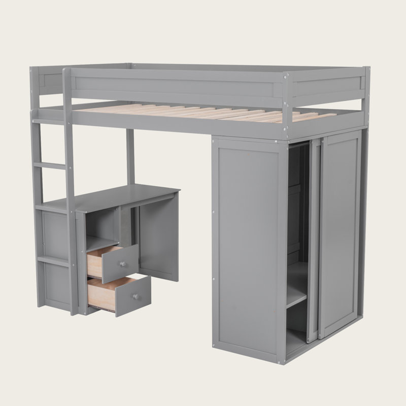 Premium Solid Wood Loft Bed with Built-In Wardrobe & Study Desk, Gray, Twin