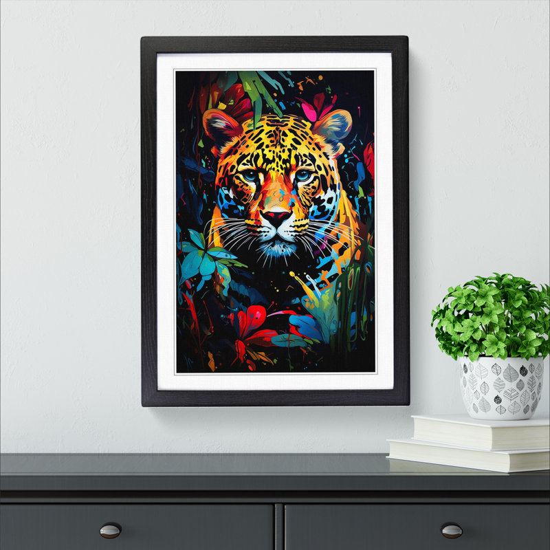 Leopard Expressionism Art - Framed Print, 46cm H x 34cm W x 2cm D, Black Framed