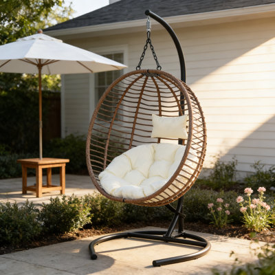 Folding Hanging Egg Chair With Stand – Indoor Outdoor Wicker Hammock Swing Chair With Adjustable Anti-Slip Feet