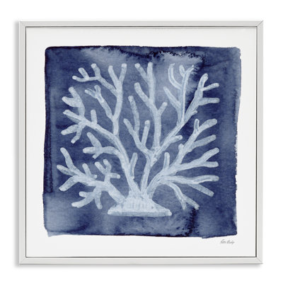 Giclée encadrée de corail blanc sur fond indigo, design par Patti Bishop