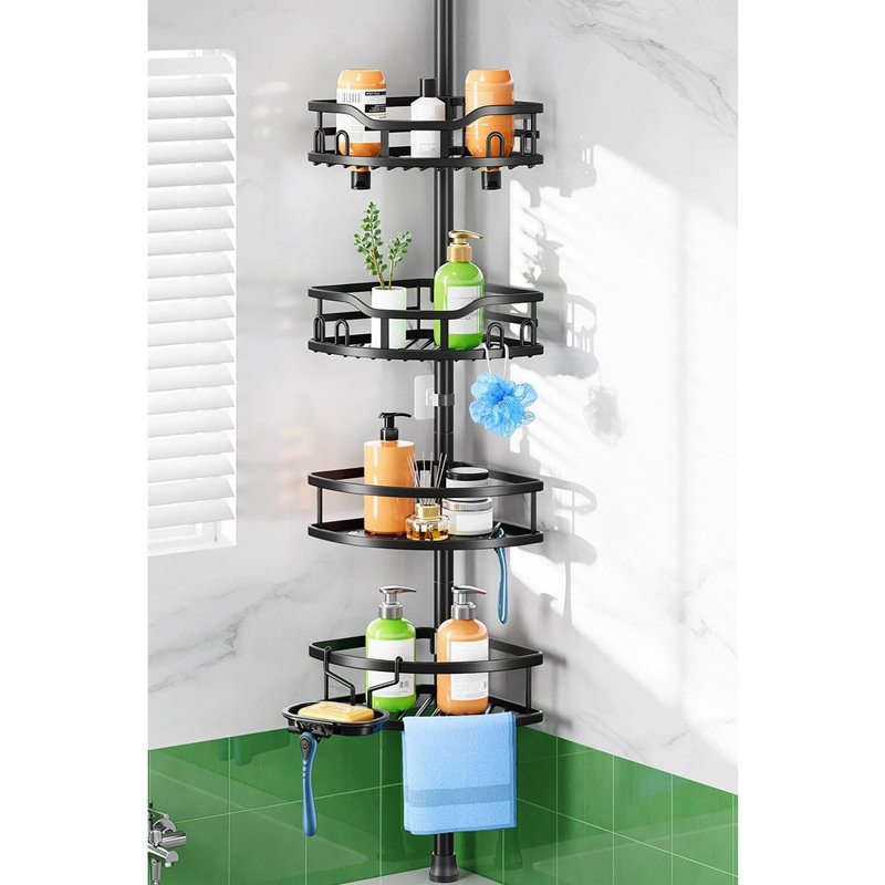 Shower Caddy Tension Pole - Black - 4-Tier Rustproof Tension Pole Corner Organizer, Floor-Standing, Quick Install, Large Capacity With Soap Holder