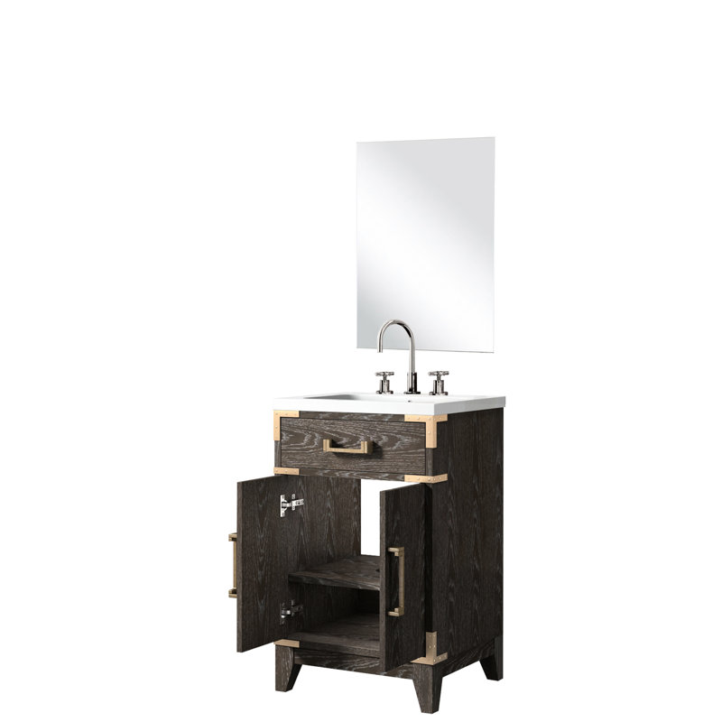 Meuble-lavabo simple en chêne brun avec dessus et robinet en acrylique - Miroir de salle de bain moderne au look poli