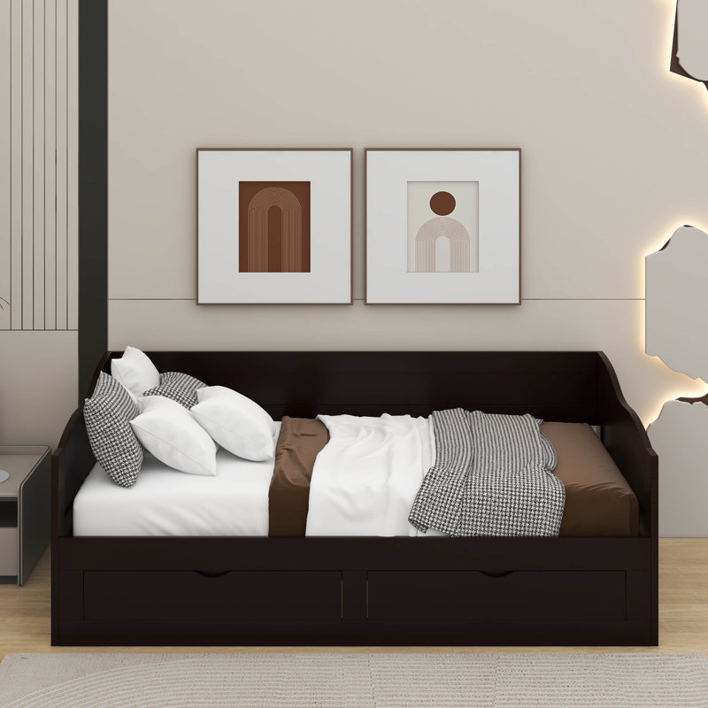 Lit de jour simple en bois avec couchette et tiroirs de rangement, Espresso