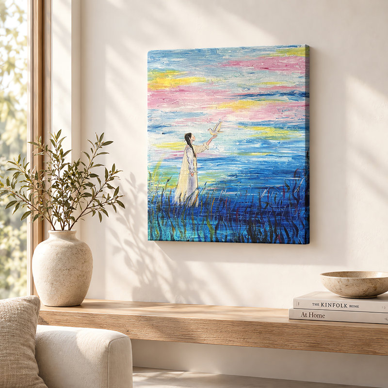 Femme sous un ciel pastel, toile murale, H 14 po x l 11 po, Toile tendue avec châssis