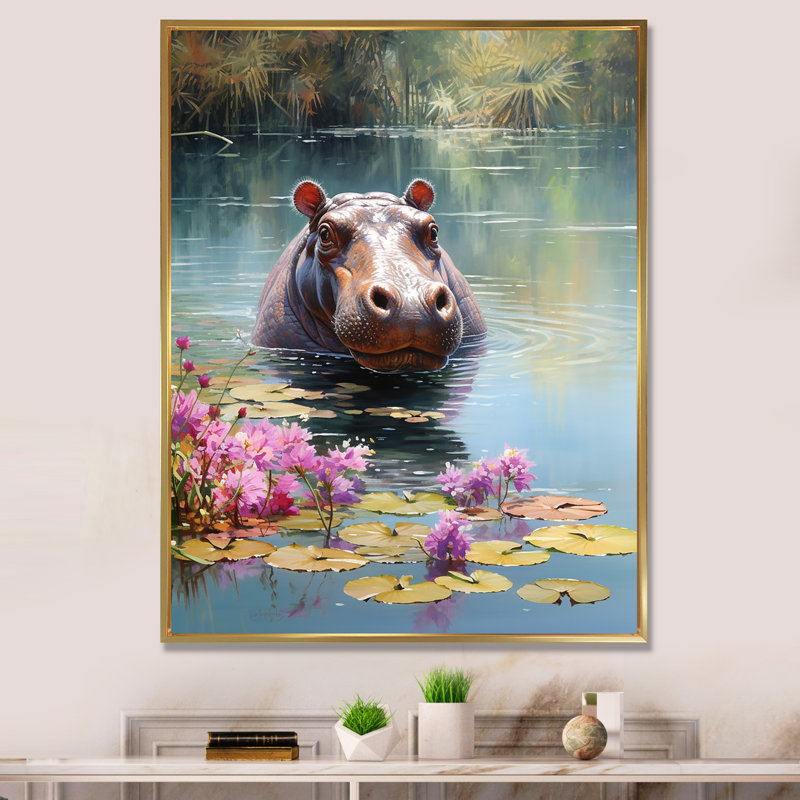 Art mural africain, Hippopotames d'Afrique - Hippopotame, Cadre flottant doré, 32" H x 24" W
