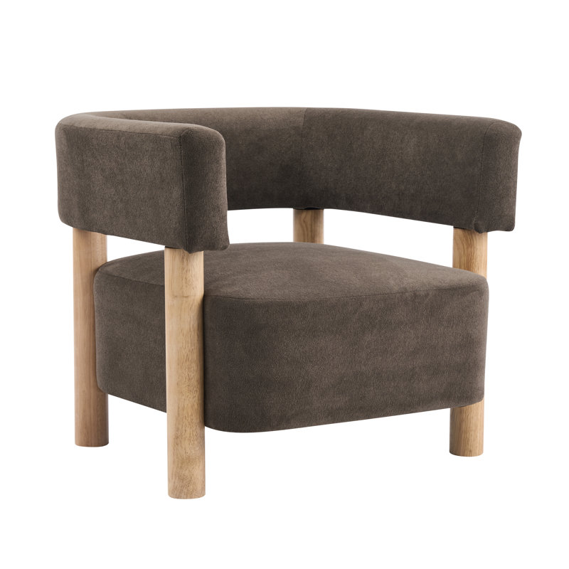 Lejon Boucle Upholstered Accent Chair With Rubberwood Legs, Natural Wood,  Dark Brown