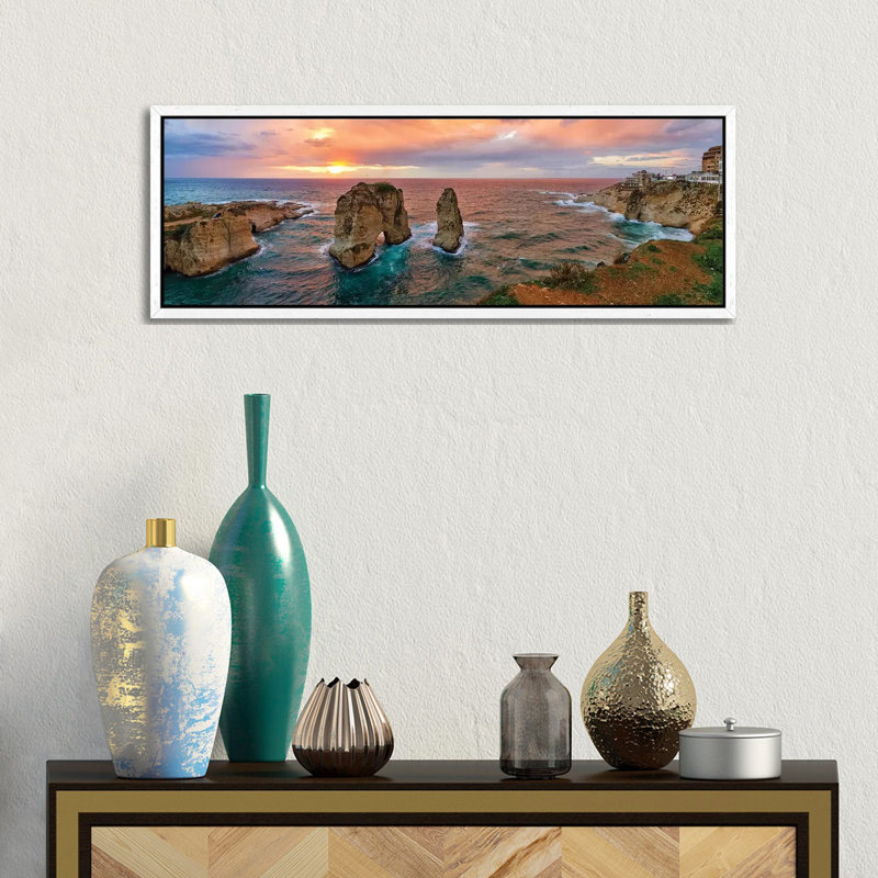 Sunset At The Raouche Coast, Beirut, Lebanon by Panoramic Images - Floater Frame Panoramic Gallery-Wrapped Canvas Giclée on Canvas