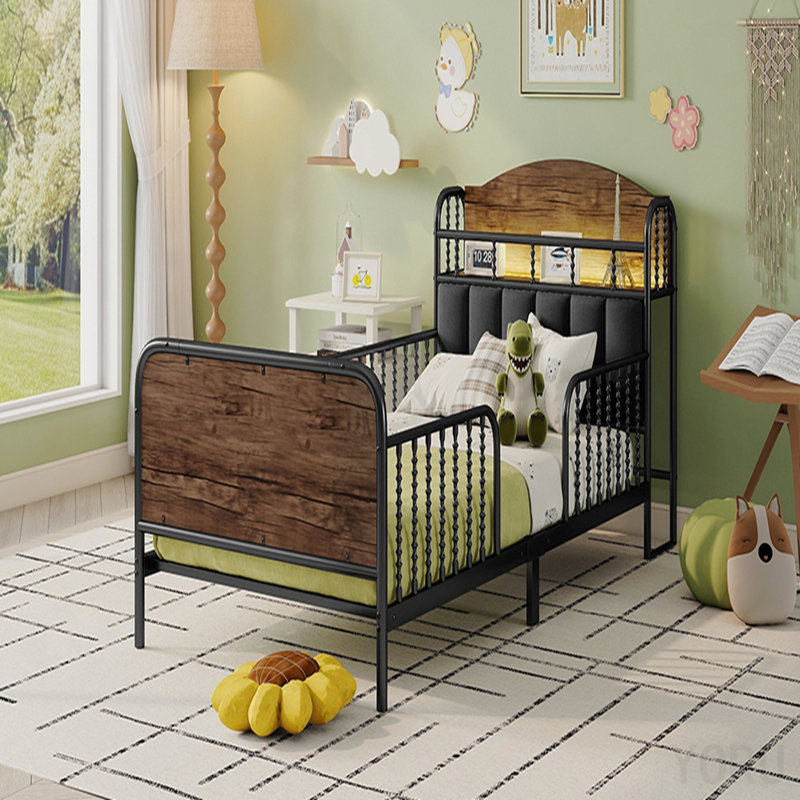 Base de lit plateforme en métal avec lumière, tête de lit tapissier et rangement, idéale pour les enfants et la décoration moderne.