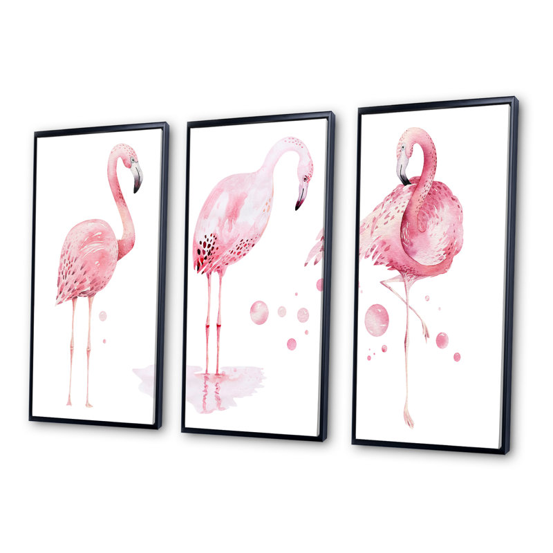 Flamants roses sur fond blanc - 3 pièces, reproduction sur toile, Cadre noir, H 32 po x l 48 po x P 1 po