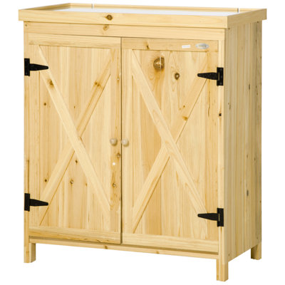 Armoire à outils pour l'extérieur. Plateau en métal galvanisé, outils de jardinage à 2 tablettes. Aspect bois naturel, panier d'extérieur imperméable avec couvercle Apparence de jardinage, rouille