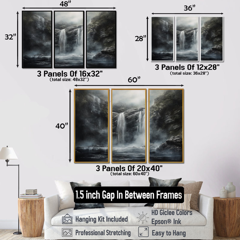 Ensemble de salon Waterfall Cliff Scenery Magic I - Waterfall Wall Art, H 40 po x l 60 po x P 1 po, Cadre flottant brun