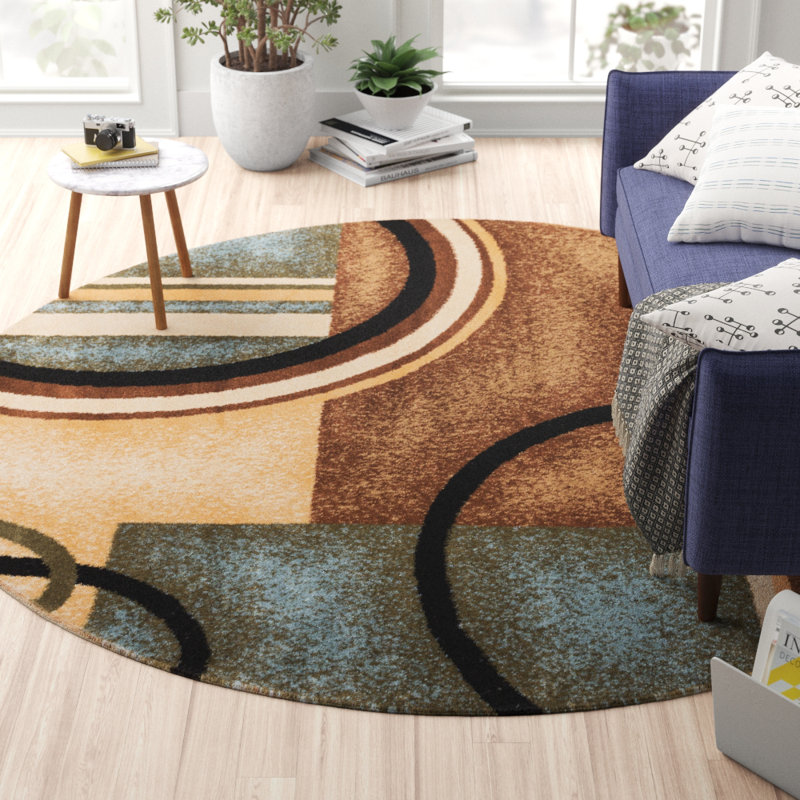 Tapis bleu clair moderne à motif d'arcs et de formes Abbie, Rond 5 pi 3 po