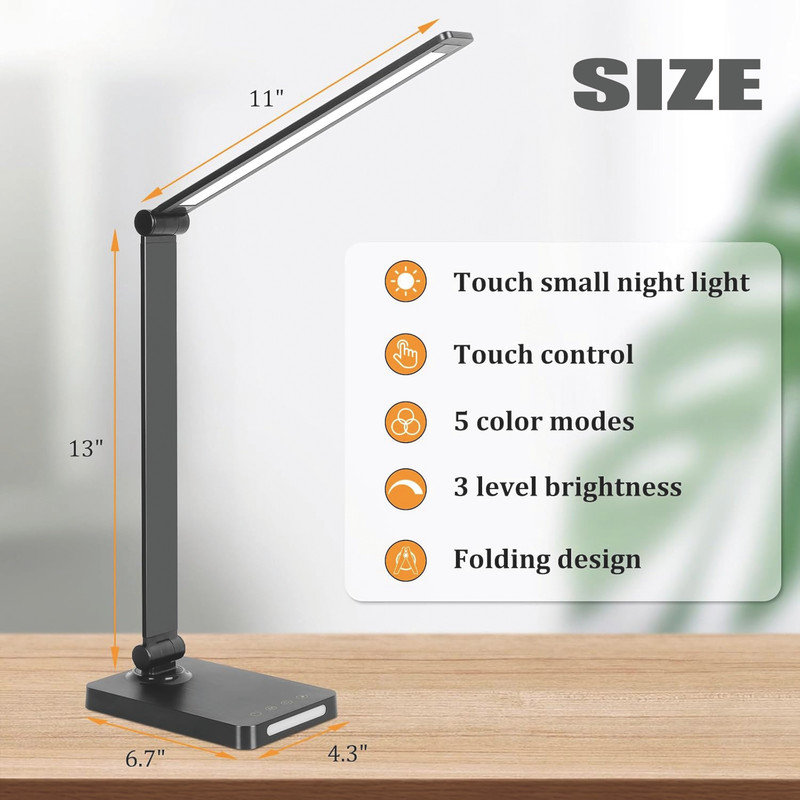 LED Desk Lamp with USB Ports,with 5 Colour Modes,3 Brightness Desk,Gold(with adapter), Black