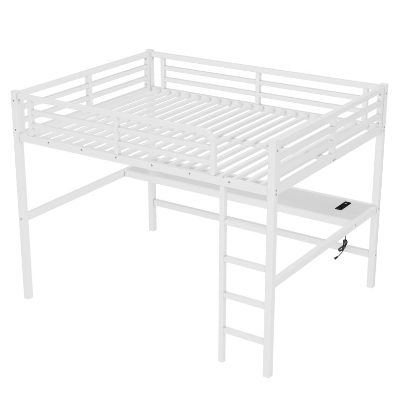 Grand lit mezzanine en métal avec bureau, lumière DEL, prise USB et prise de courant, garde-corps, conception peu encombrante, blanc